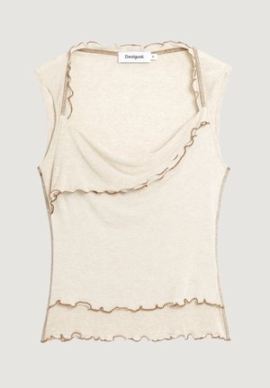 Beige ärmelloses Stricktop mit asymmetrischem Lagen-Design, Rüschensaum und mittelgroßem "Desigual"-Etikett am Ausschnitt.