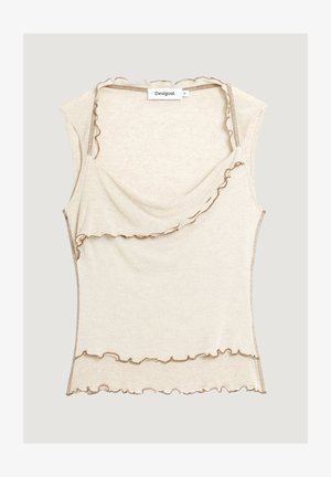 Beige ärmelloses Stricktop mit asymmetrischem Lagen-Design, Rüschensaum und mittelgroßem "Desigual"-Etikett am Ausschnitt.