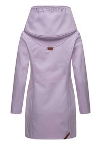 Lilac coat with a high, folded collar and embroidered "MARIKOO" logo. Features long sleeves and a smooth, textured finish.