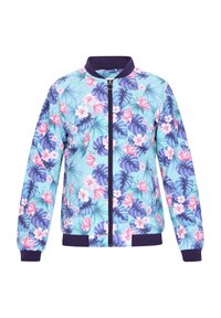 Bloemen bomberjack met een blauwe achtergrond, versierd met roze en paarse bloemen, tropische bladeren, geribbelde paarse manchetten en een voorrits.