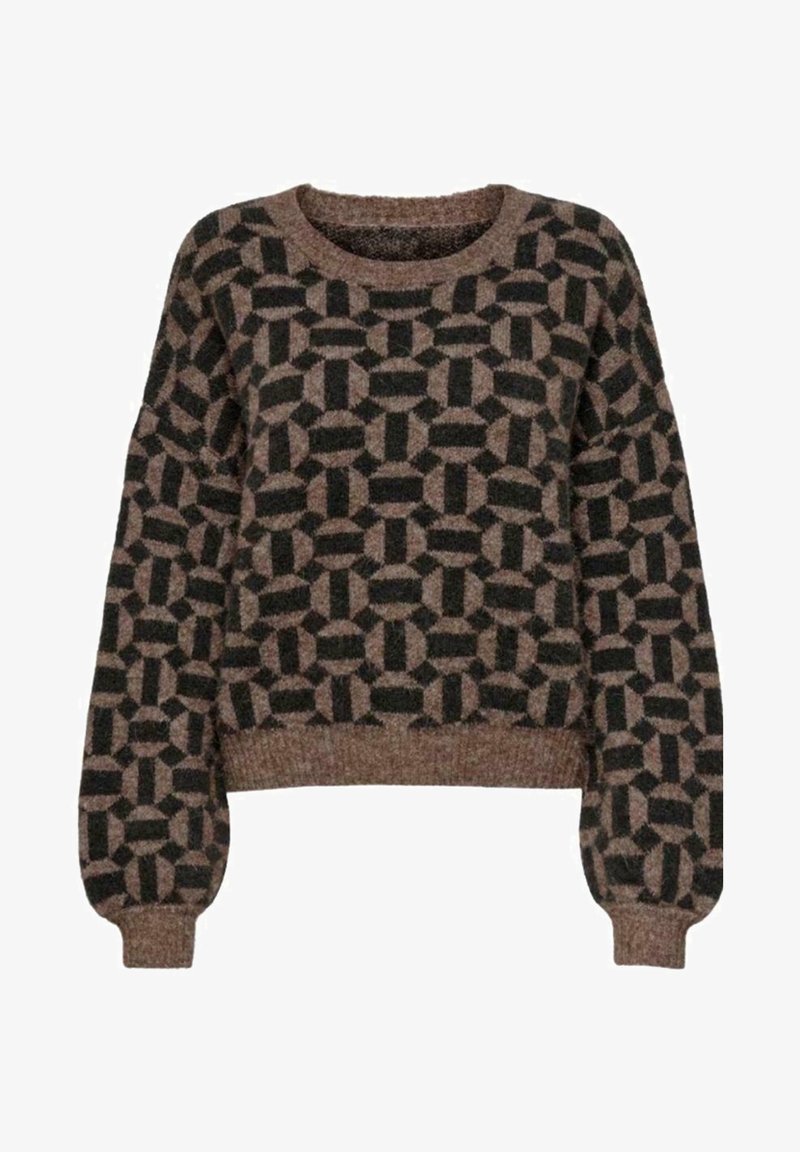 Pull en tricot marron et noir à motif géométrique avec longues manches ballon et poignets et ourlet côtelés.