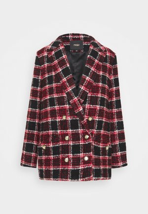 Blazer croisé à motif écossais noir, rouge et blanc, boutons dorés et doublure en satin noir.
