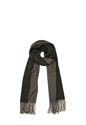 Sciarpa in lana con un design a blocchi di colore grigio scuro e grigio chiaro, con bordi frangiati per texture e dettagli.