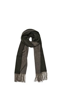 Écharpe en laine présentant un design en blocs de couleur gris foncé et gris clair, avec des bords frangés pour ajouter de la texture et des détails.