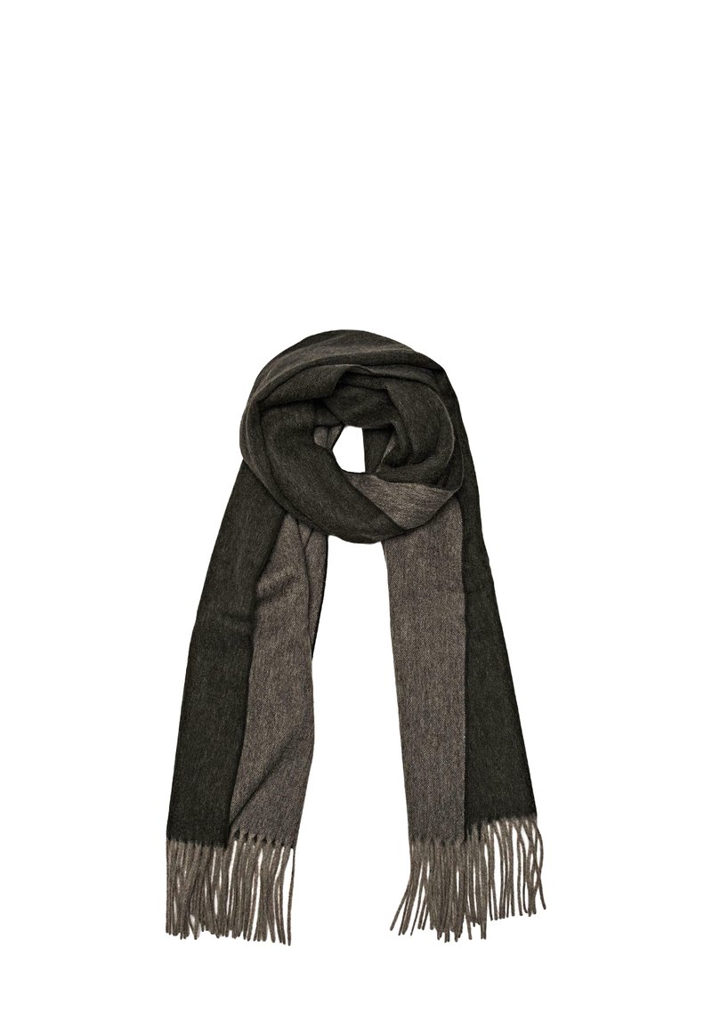 Écharpe en laine présentant un design en blocs de couleur gris foncé et gris clair, avec des bords frangés pour ajouter de la texture et des détails.