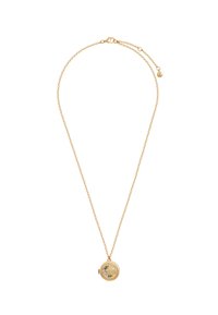 Collar dorado con un colgante de medallón redondo ornamentado, que presenta detalles florales y un borde texturizado en una delicada cadena.