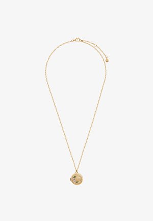 Zlato tonirana ogrlica z okroglo visečo skrinjico, okrašeno s cvetličnimi detajli in strukturiranim robom na nežni verižici.