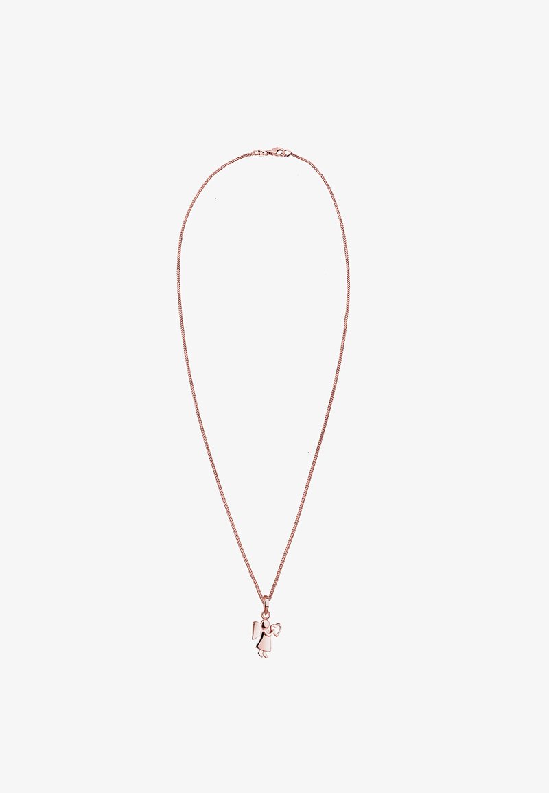 Różowo-złoty naszyjnik z łańcuszka z delikatnym wisiorem w kształcie anioła. Łańcuszek ma subtelny, skręcony wzór i bezpieczne zapięcie typu lobster.