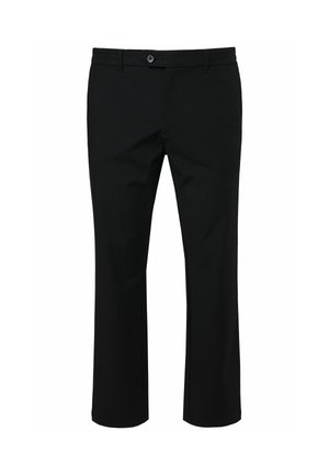 Zwarte broek met een rechte pasvorm, gemaakt van een gladde stof. Voorzien van een knoopsluiting aan de voorkant en standaard riemlussen. Ontwerp met insteekzakken aan de binnenzijde van het been.