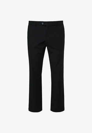 Czarne spodnie o prostym kroju, wykonane z gładkiej tkaniny. Posiadają zapięcie na guziki z przodu oraz standardowe szlufki na pasek. Kieszenie wszyte w szwy wewnętrzne nogawek.