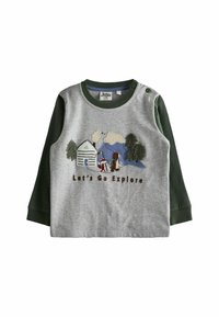 Hallitus halli pika varrukaga särk roheliste varrukatega. Esiküljel on välja tikitud looduse stseen, kus on karu, rebane, maja ja tekst "Lähme avastama". Pehme puuvillane kangas.