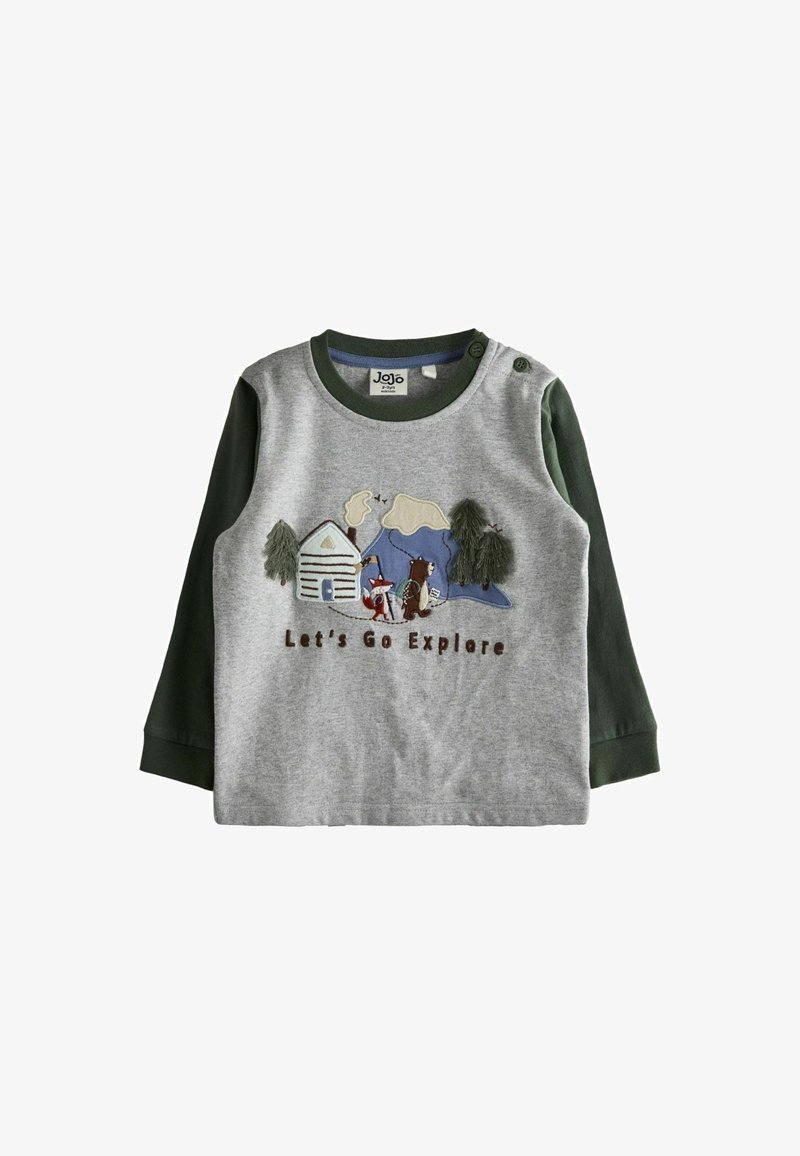 Hallitus halli pika varrukaga särk roheliste varrukatega. Esiküljel on välja tikitud looduse stseen, kus on karu, rebane, maja ja tekst "Lähme avastama". Pehme puuvillane kangas.