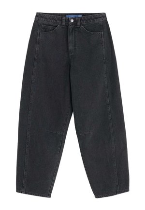 Zwarte hoogoplopende denimbroek met een losse pasvorm, voorzien van twee voorzakken en subtiele stikseldetails. Glad textuur.