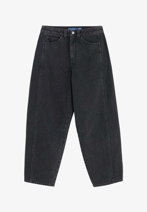 Mustad kõrge vöökohaga teksapüksid, millel on lõtv istuvus, kahes eesosas taskud ja diskreetne ääristamine. Sile tekstuur.