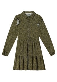 Groene jurk met een button-down kraag, lange mouwen en een gelaagde rok met een zwart luipaardprintpatroon door het geheel.