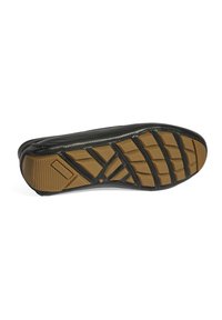 Zwarte, gestructureerde schoenen zool met een gemusterd ontwerp; heeft contrasterende bruine rubberen tractie-elementen en een gladde, ronde rand.