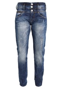 Mellan tvätt blå denimjeans med slim fit, slitningar, fem fickor och en stängning med tre knappar.