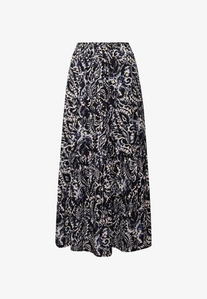 Maxi rok met een marineblauwe en witte bloemenprint, elastische tailleband en een vloeiende design van een gestructureerde stof.