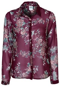 Burgundy floral long-sleeve shirt with a button-up front, featuring pink and teal flower patterns on a sheer fabric. Classic collar detail.