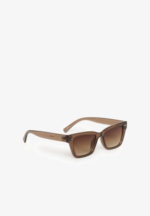 Brown tinted sunglasses with square frames, made of translucent plastic. Features subtle branding on the temples and gradient lenses.