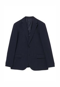 Blazer navy realizzato in tessuto testurizzato con due tasche frontali, chiusura a un bottone e rever a punta. Presenta una fodera interna liscia.
