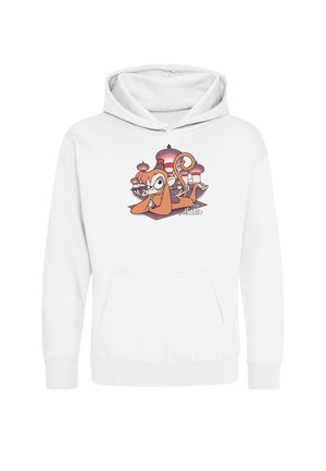 Hvid hættetrøje med tegneserieabe liggende på et magisk tæppe, paladskupoler i baggrunden og teksten "Aladdin" nedenfor.