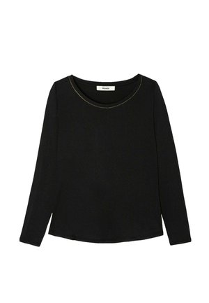 Chemise noire à manches longues avec encolure ronde, présentant un détail de couture discrète en fil doré, posée à plat sur un fond blanc.