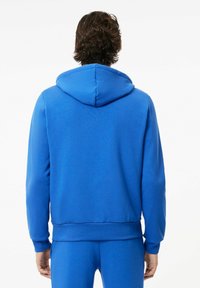 Hoodie en coton bleu avec capuche à cordon, poignets et ourlet côtelés. Texture douce et coupe légèrement ajustée. Vue arrière affichée.