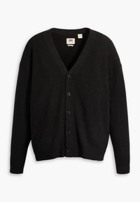 Černý cardigan z měkkého materiálu, s výstřihem do V, dlouhými rukávy a šesti knoflíky na přední straně. Žebrované manžety a lem.