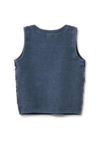Ärmelloser blauer Strickpullover mit geripptem Ausschnitt und Armlöchern. Texturiertes Material mit glatter Oberfläche und seitlichen Nähten für eine figurbetonte Passform.