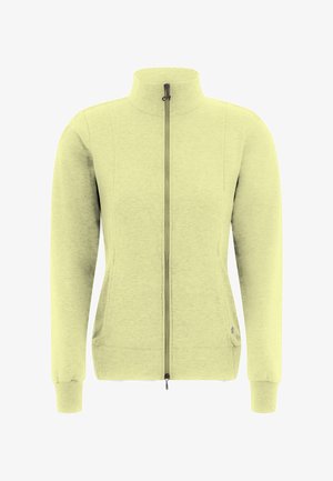 Hellgelbe Jacke mit Reißverschluss, ausgestattet mit einem hohen Kragen, langen Ärmeln und Seitentaschen; glatte Textur und minimalistisches Design.