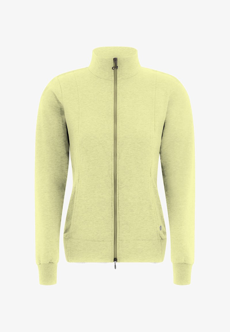Chaqueta amarilla clara con cremallera, que presenta un cuello alto, mangas largas y bolsillos laterales; textura suave y diseño minimalista.