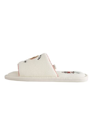 Off-white åben tå tøfler med broderet blomsterdesign og rød kant, flad sål og en lille stofetiket på siden.