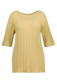 Gelber gerippter Pullover mit rundem Ausschnitt und kurzen Ärmeln. Verfügt über vertikale Rippen für Textur und einen leicht lockeren Schnitt.