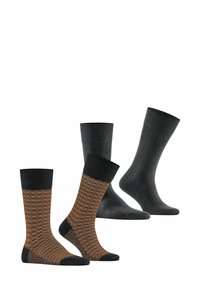 Vierer-Set Socken: zwei einfarbige Paar in dunkelgrau und zwei gemusterte in dunkelgrau mit orangefarbenem geometrischen Design, ausgestattet mit verstärktem Zehen- und Fersenbereich.