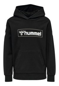 Black hoodie made of cotton, featuring a front kangaroo pocket, long sleeves, and a hood. The front displays a white "hummel" logo.