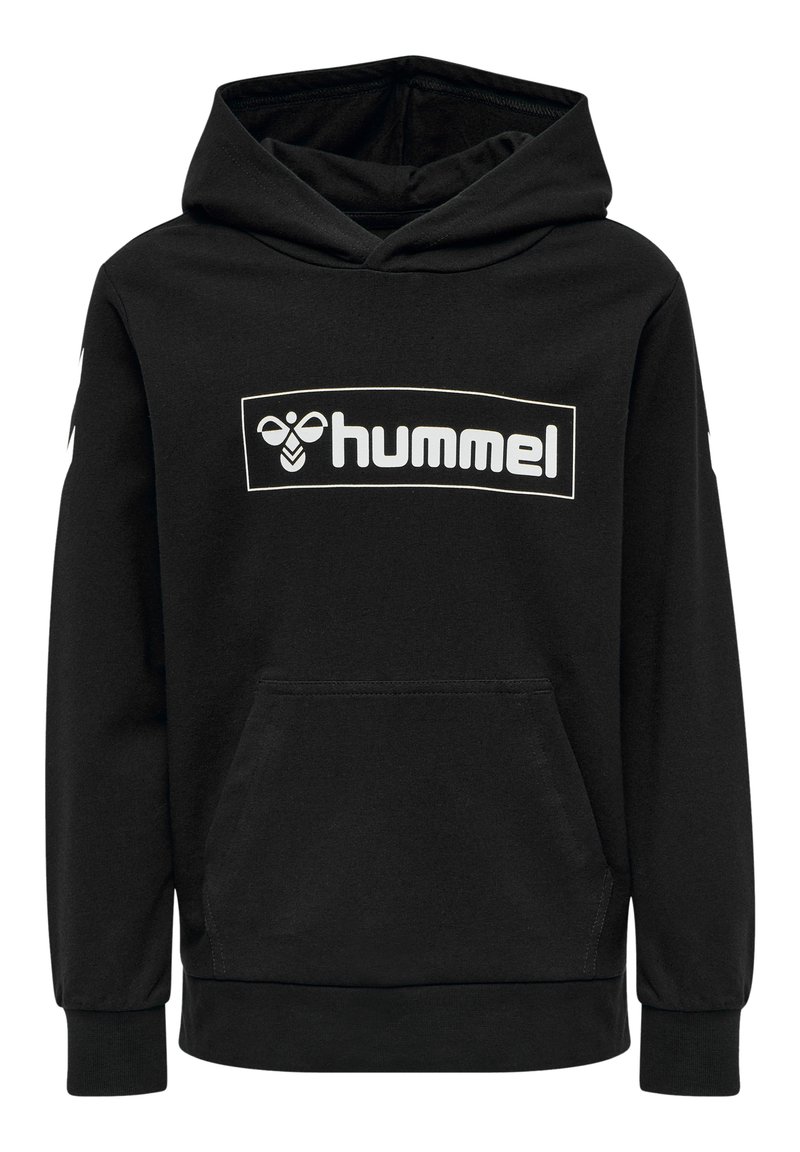 Black hoodie made of cotton, featuring a front kangaroo pocket, long sleeves, and a hood. The front displays a white "hummel" logo.