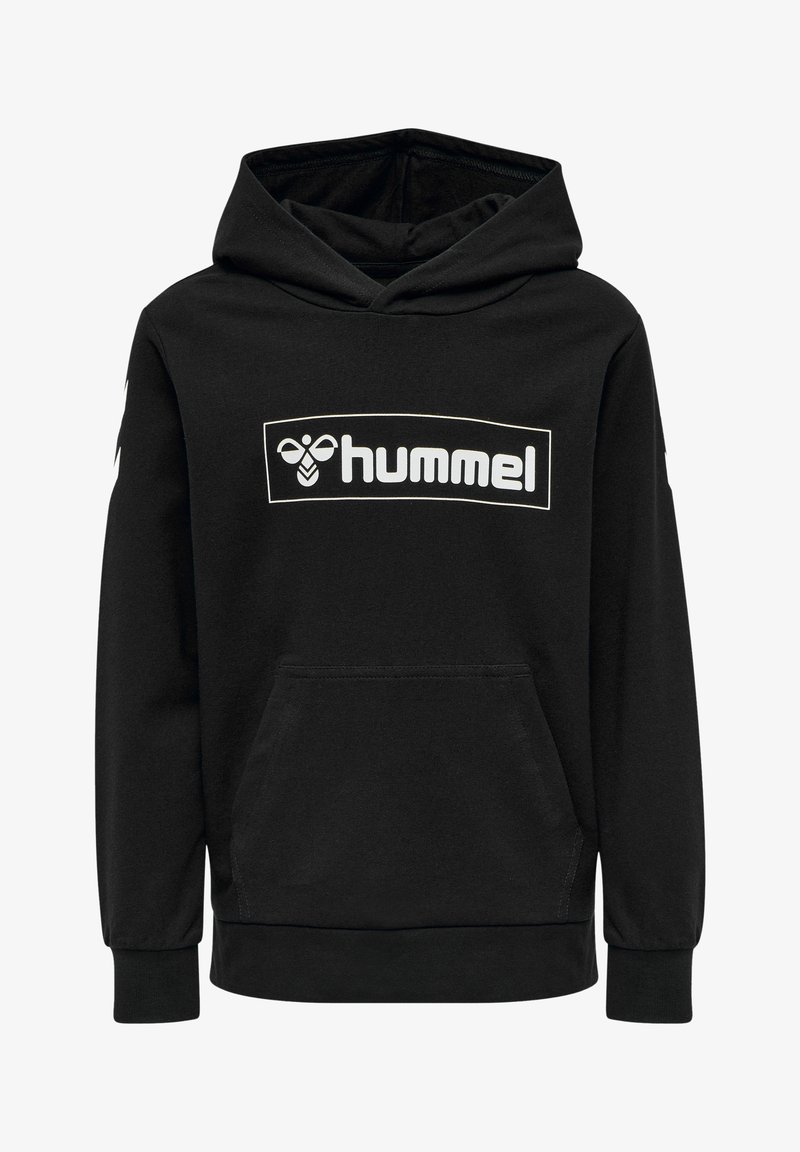 Black hoodie made of cotton, featuring a front kangaroo pocket, long sleeves, and a hood. The front displays a white "hummel" logo.