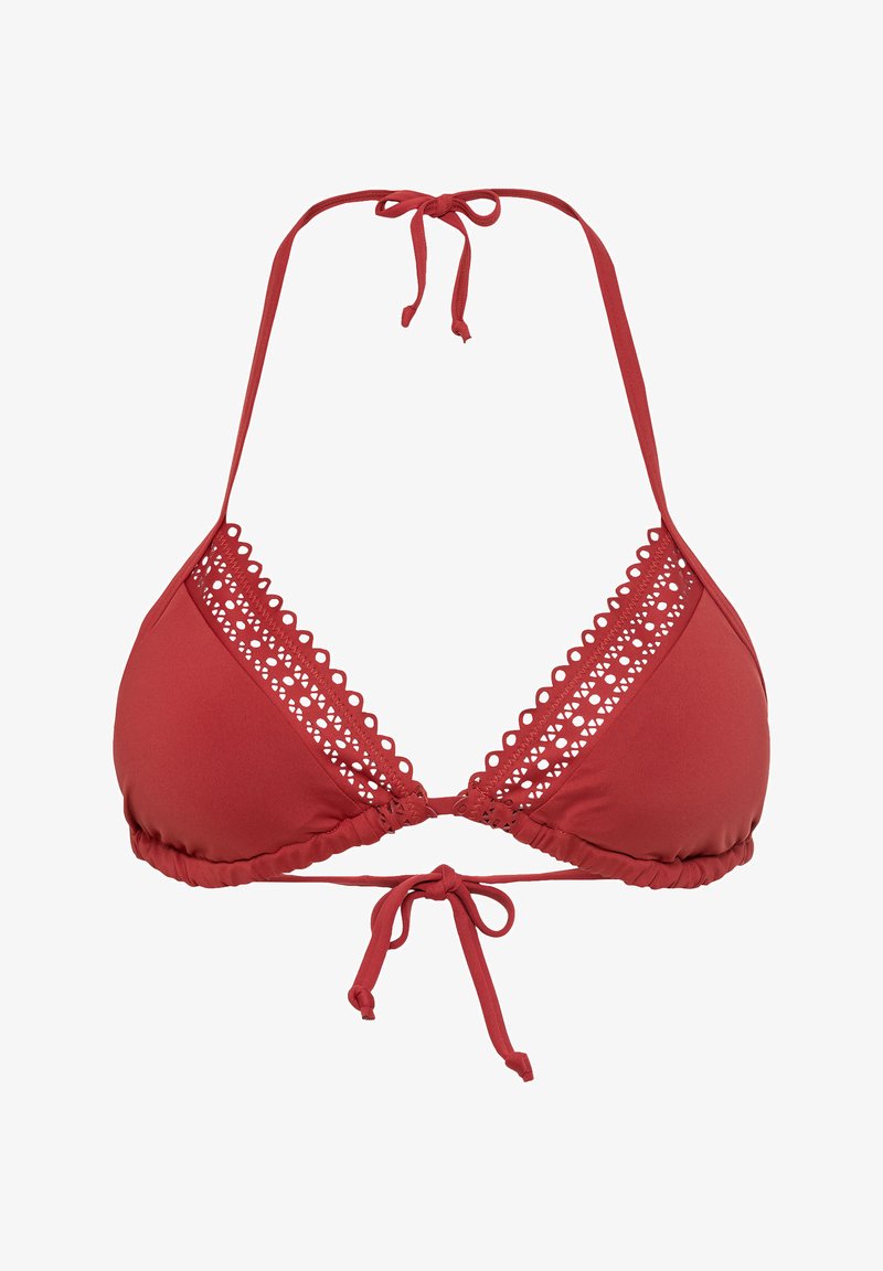Top bikini rosso con coppe triangolari, spalline e chiusura regolabili sulla schiena, bordi ondulati decorativi e tessuto liscio.