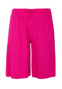 Shorts en lin rose avec une taille élastique et un cordon de serrage. Style ample avec une longueur mi-cuisse et un ourlet droit. Texture lisse.