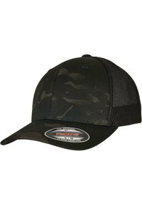 Black camo baseball cap with a curved brim, fabric front, and mesh back. Features a sewn Flexfit label on the brim.