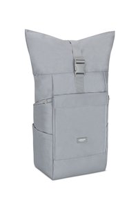 Gray roll-top backpack with a buckle closure, a front zip pocket, and side pockets. Made of durable fabric with a smooth texture.