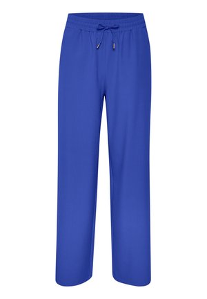 Pantalon pour homme bleu avec taille élastique et cordon de serrage, jambes droites, adapté pour une tenue décontractée ou de détente.