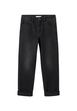 Jean en denim noir avec revers retroussés, fermeture à boutons et fermeture éclair à l'avant, passants pour ceinture et design à cinq poches.
