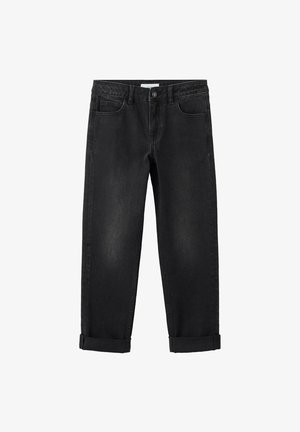 Blugi negri din denim cu manșete rulotate, închidere frontală cu nasturi și fermoar, bucle pentru curea și design cu cinci buzunare.