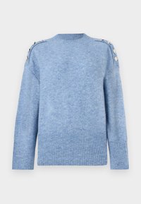 Ανοιχτό μπλε πλεκτό πουλόβερ με ριμπ μανσέτες και τελείωμα, διακοσμημένο με ασημί κουμπιά κατά μήκος και των δύο ώμων.