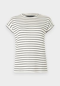 T-shirt blanc à manches courtes avec des rayures noires verticales, col rond et poignets repliés aux manches. Tissu en maille douce.