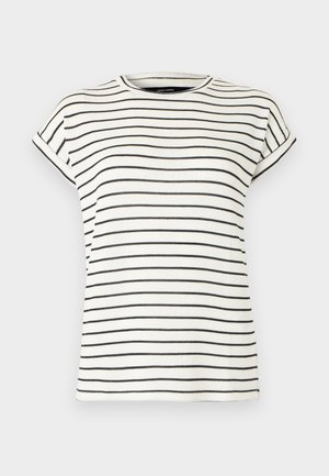 Bílé tričko s krátkým rukávem a svislými černými pruhy, kulatý výstřih a manžety přehnuté na rukávech. Měkká pletená látka.