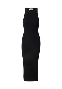 Schwarzes ärmelloses Midikleid aus geripptem Stoff, mit einer taillierten Silhouette und einem rundem Ausschnitt, ohne sichtbare Beschläge oder Muster.