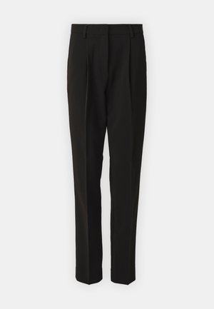 Pantalons ajustés noirs à coupe droite, avec des plis, une texture lisse et une taille standard. Aucun matériel ni motif visible.